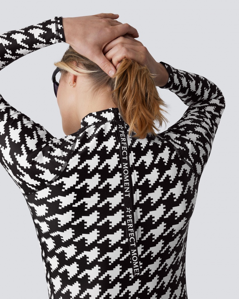 Perfect Moment PM Houndstooth Long Sleeve Rash Guard Noir Blanche | 402561LPU